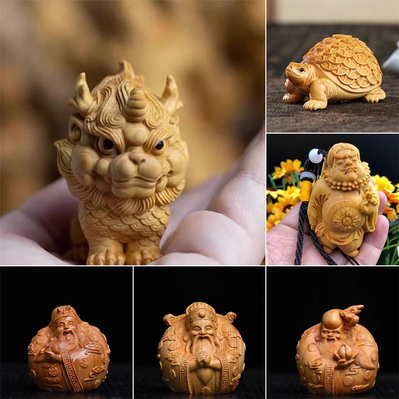 Wood Carving Crafts Auspicious Kirin Small Statue Lucky Mascot Chinese Fortune-making Evil-repelling God Beast Home Art Statue