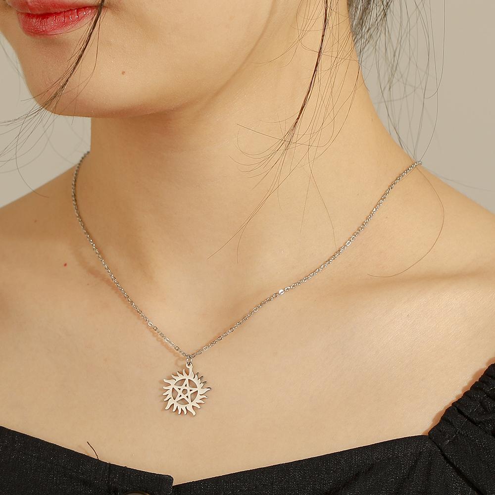 Stainless Steel Shining Sun Pentagram Pendant Necklace Supernatural Dean Statement Box Chain Necklaces Couple Women Men