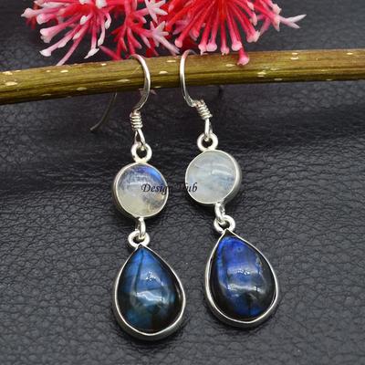 925 Sterling Silver Drop & Dangle Earring  Moonstone and Labradorite Earring  Designer Handmade Dangle Earrings Jewelry Gift For Women