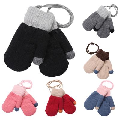 Kids Winter Double Layer Thick Warm Full Finger Stitching Knitted Gloves Mittens