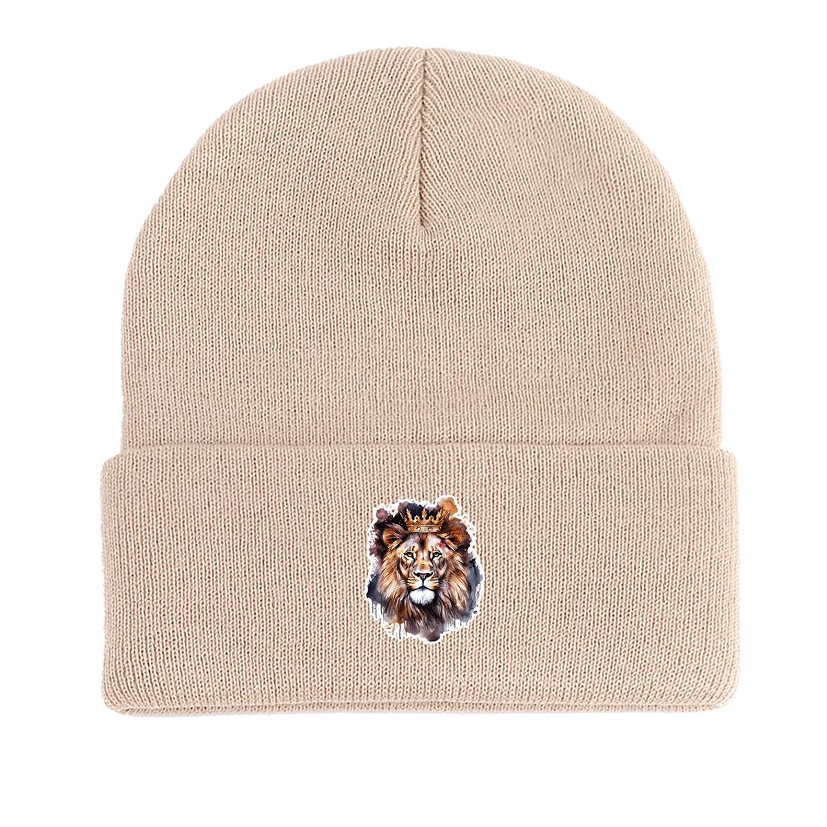 

Теплая вязаная шапка с изображением льва и черепа животного, теплая эластичная вязаная шапка с помпоном для отдыха as the picture бежевый