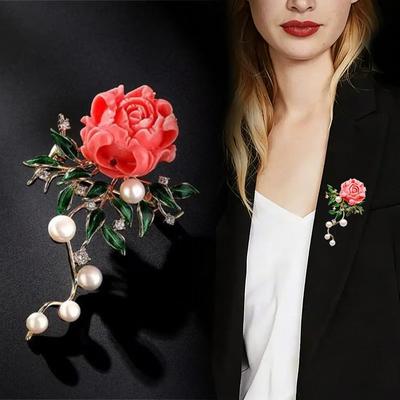 Sparkling Pearls Brooches Sweet Pink Brooches Fashion Peony Flower Brooches  Women Dress Decoration