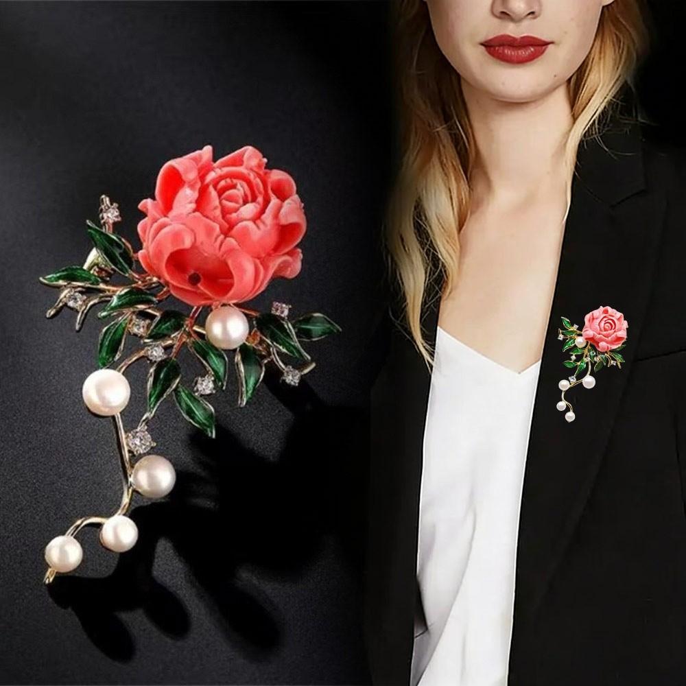 Zircon Peony Flower Brooches Sweet Pink Brooches Fashion Pearls Brooches  Waist Accessorizing