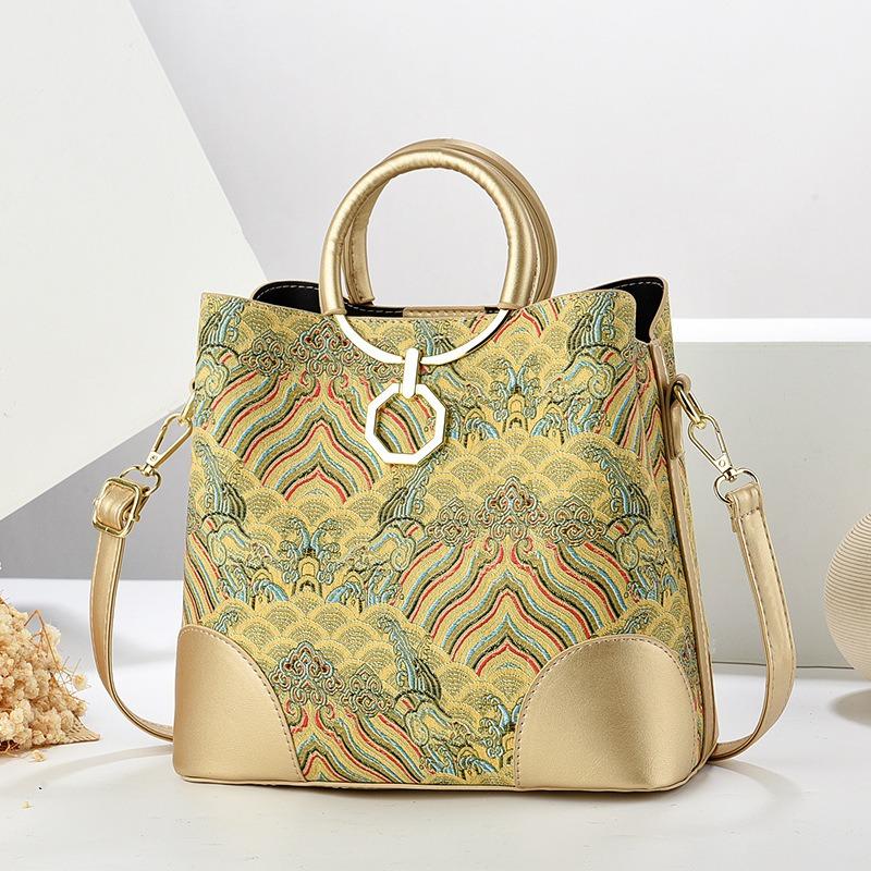 Printed handbag, high-end large-capacity fashionable and versatile women's bag, simple texture bucket bag, shoulder messenger bag.