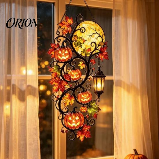 Pumpkin Moon Lantern Ornament Halloween Ornament, Acrylic Stained Glass Window Hanging Decor Decoration, Autumn Maple Leaf Suncatcher Pendant