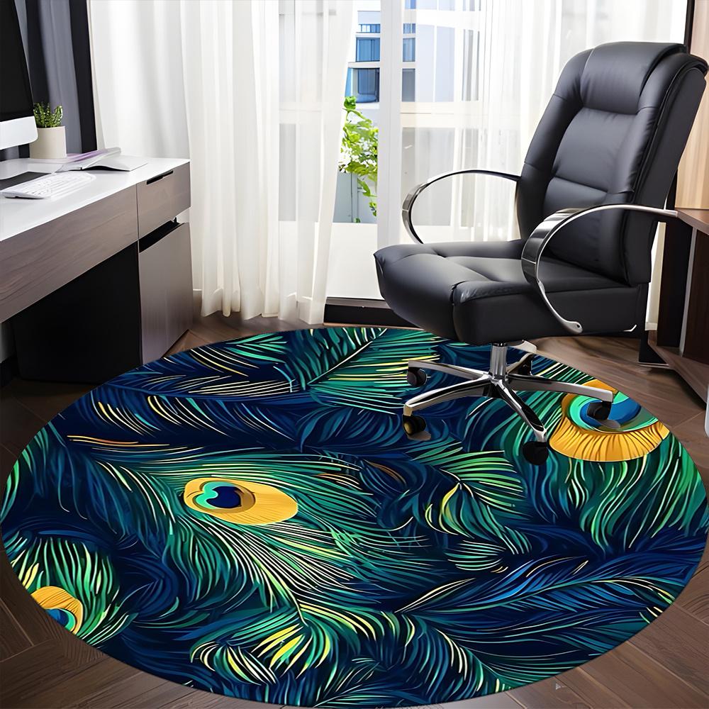1pc Peacock Feathers Office Round Area Rug, Indoor Mat Suitable ForOffice, Under Office Chairs Bedroom Living Room Home Decor, Room Decot104
