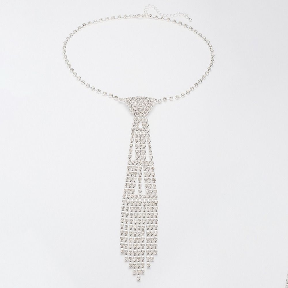 Y2K Rhinestone Tassel Necklace Exaggerated Crystal Chain Choker Creative Tie Shape Necklace  Gift