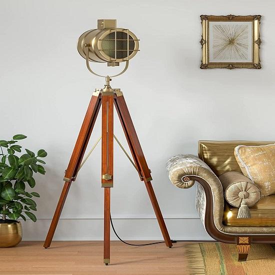 Wooden Brown and Brass Gold 5ft Height Adjustable Tripod Floor Lamp Standing with Moveable Spotlight