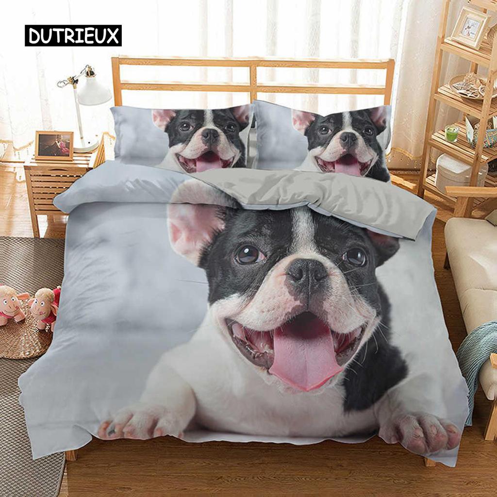Sett med dynetrekk for fransk bulldog, King size, Søt valp, Dyretema, Sengetøy for barn og tenåringer, Polyester, 2/3 deler, Mykt dynetrekk