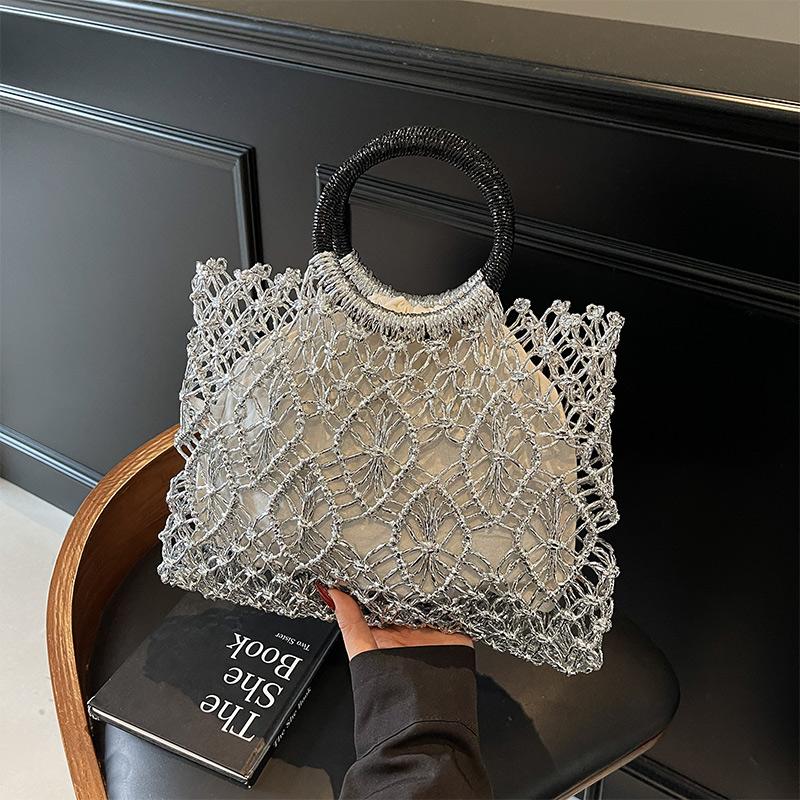 French Light Luxury Woven Bag Fashion Hollow Handbag Niche Design Round Hand-held Square Bags Versatile Gold Silver Holiday Bags