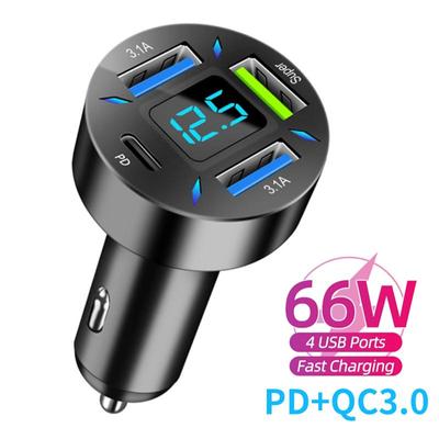 4 USB-Autoladegerät QC 3.0 PD Schnelllade-Handy-Ladegerät 66W Netzteil für iPhone Huawei Samsung mit LCD-Digitalanzeige Spannungsmesser