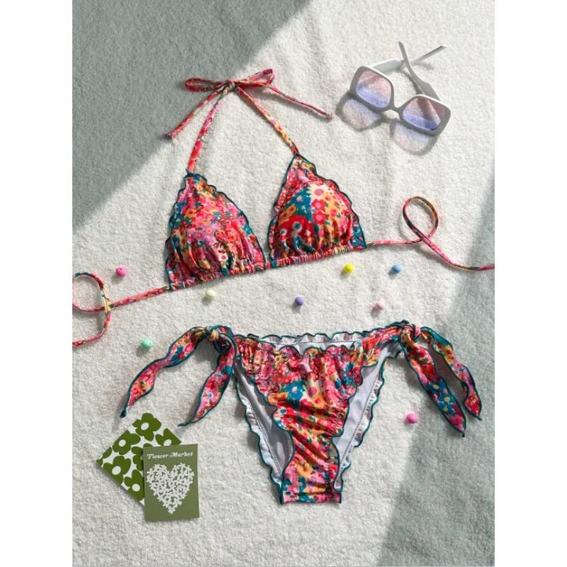 

Cute Women Bikini Set 2026 New Summer Orange Floral Print Halter Ruffles Push Up Tie Side Thong Swimsuit Bathing Suit L червоний