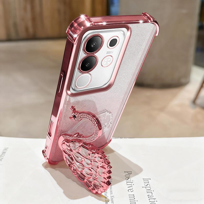 KEYSION Shockproof Plating Phone Case for VIVO Y29 4G Clear Soft TPU Glitter Jewelled Swan Kickstand Back Cover for IQOO Z10X 5G