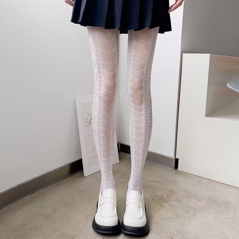 

Love Jumpsuit Socks Thin Japanese Style Hollow Out Sexy Stockings For Women Pantyhose Black White Snake S Skin Heart Tights