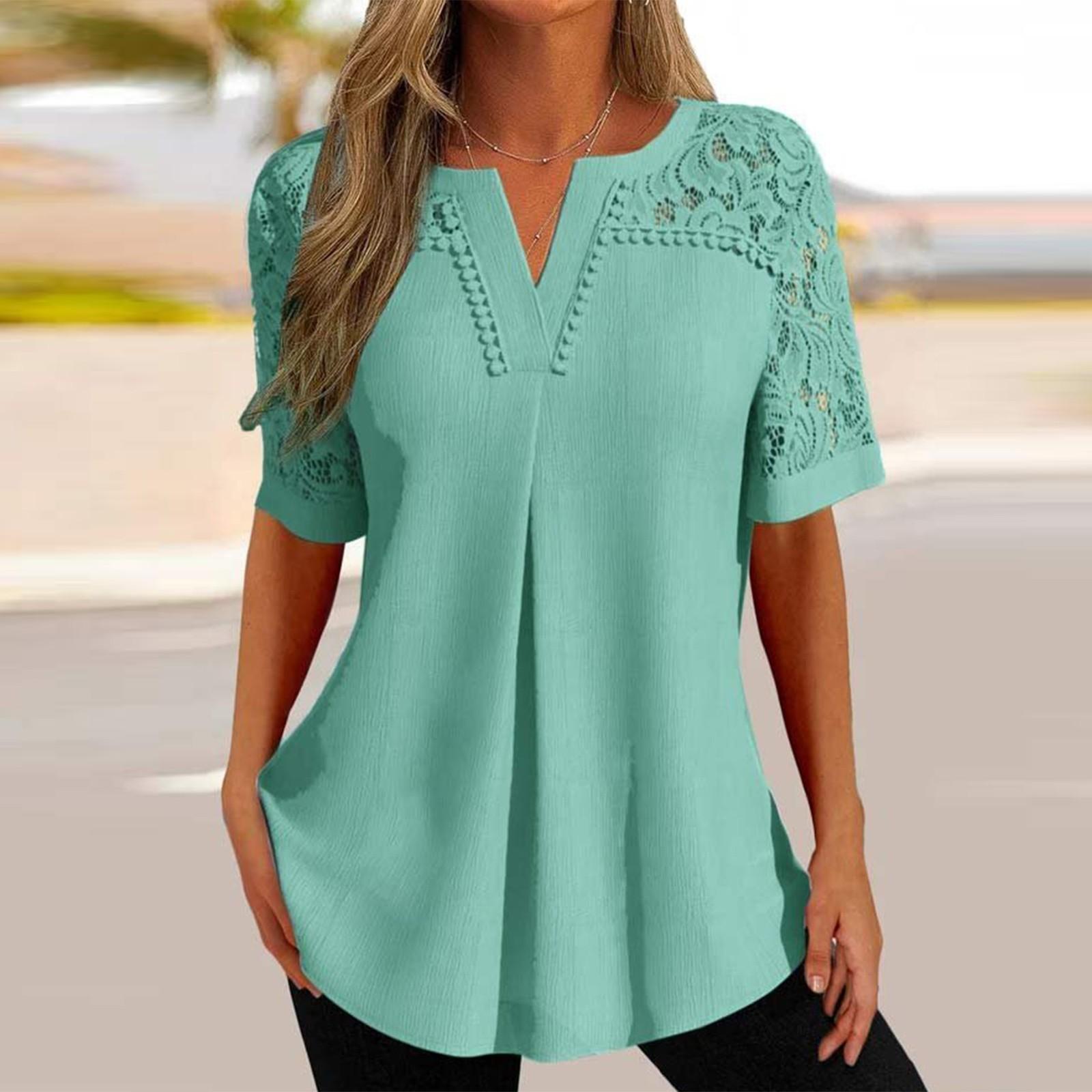 

Рубашки с коротким рукавом для женщин, кружевные лоскутные футболки, блузки, повседневные базовые топы, пуловеры L зелёный