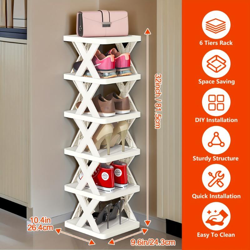 1PACK 6-layer Heavy-duty Shoe Rack, Foldable and Stackable, Space-saving Narrow Design, Sturdy Plastic Shoe Rack