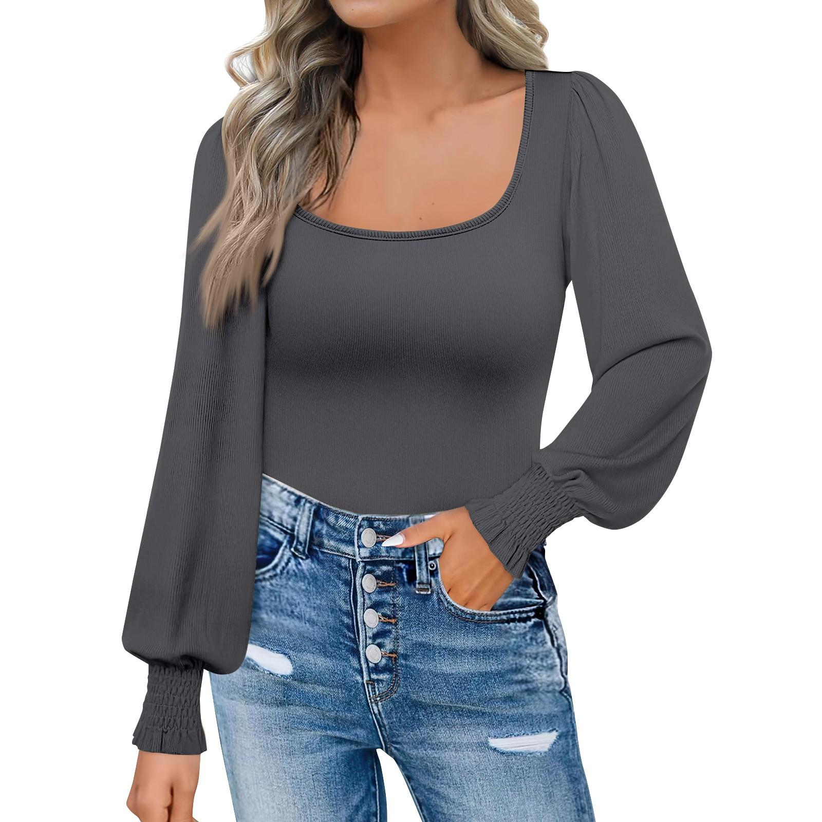 

Женская мода повседневная квадратная горловина тонкий пузырь длинный рукав однотонный топ XL