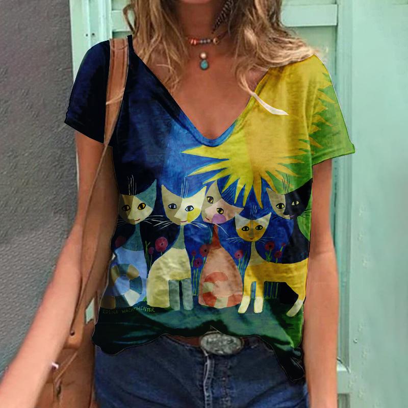 2023 Women T-Shirts Butterfly Y2k Female Tops Clothing Summer 3D Short Sleeve Print Tees Harajuku Kawaii Oversized Loose V Neck T Shirts
