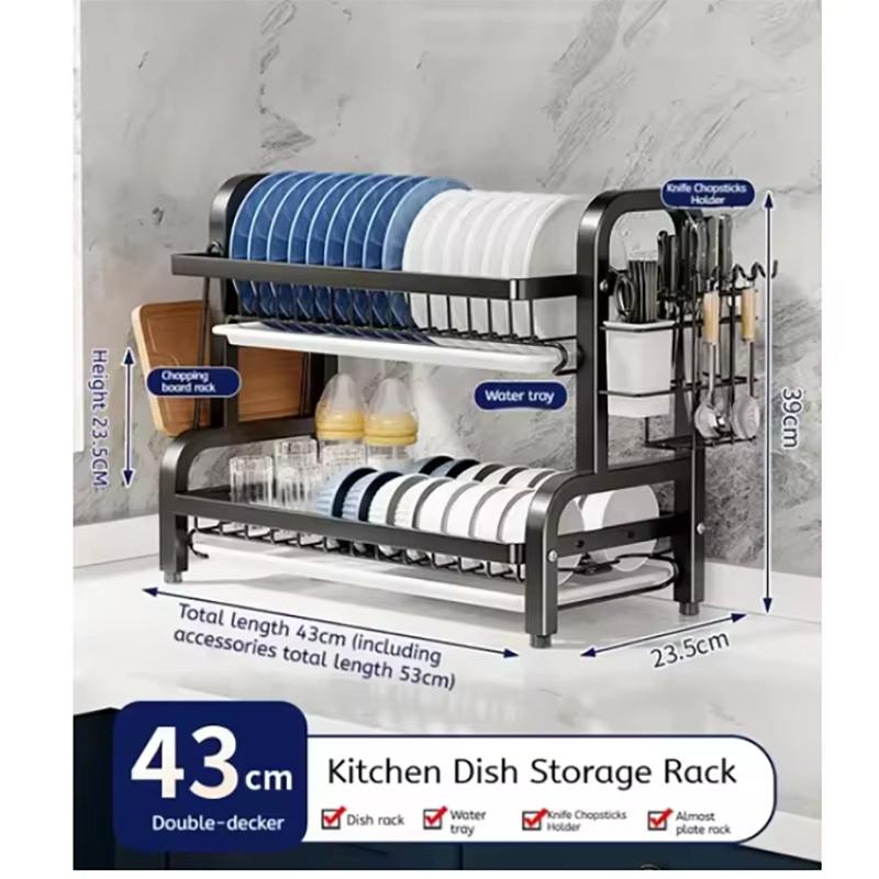 Multi-functional 3-Tier Dish Rack Kitchen Supplies Storage Rack Draining Rack with Chopsticks/Knives/Cutting Board Holder