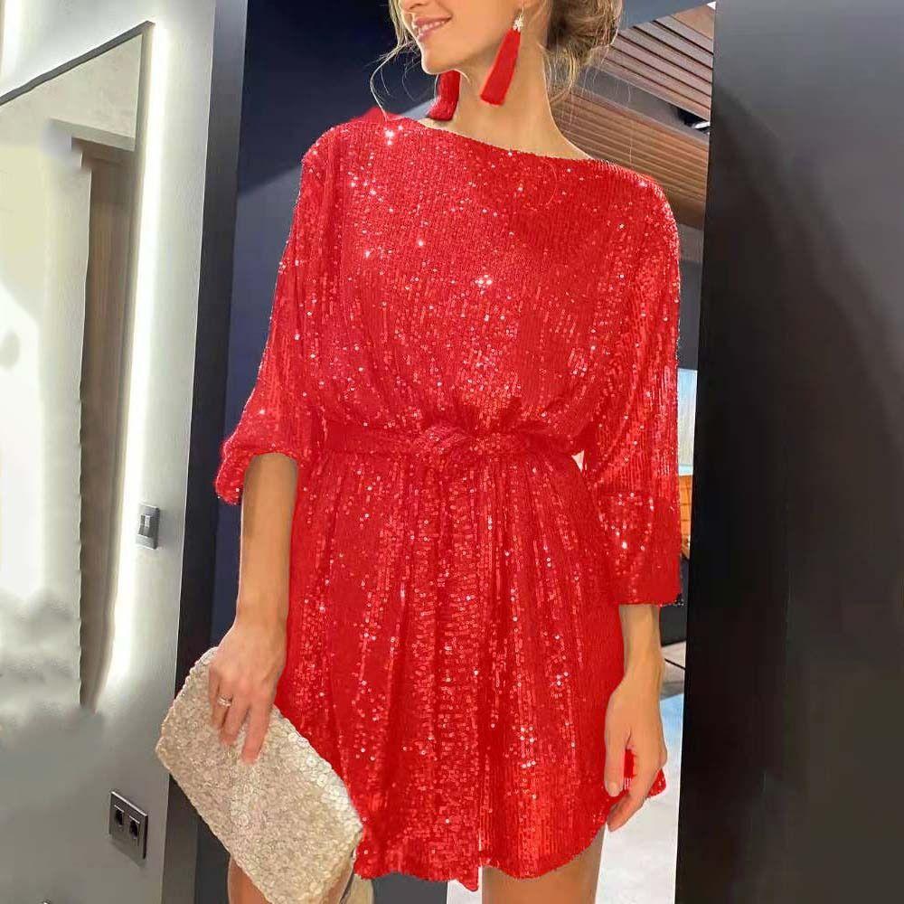 

Round Neck Shining Sequin Mini Dress Korean Style Long Sleeves Skirt Ladies/Girl m серебряный
