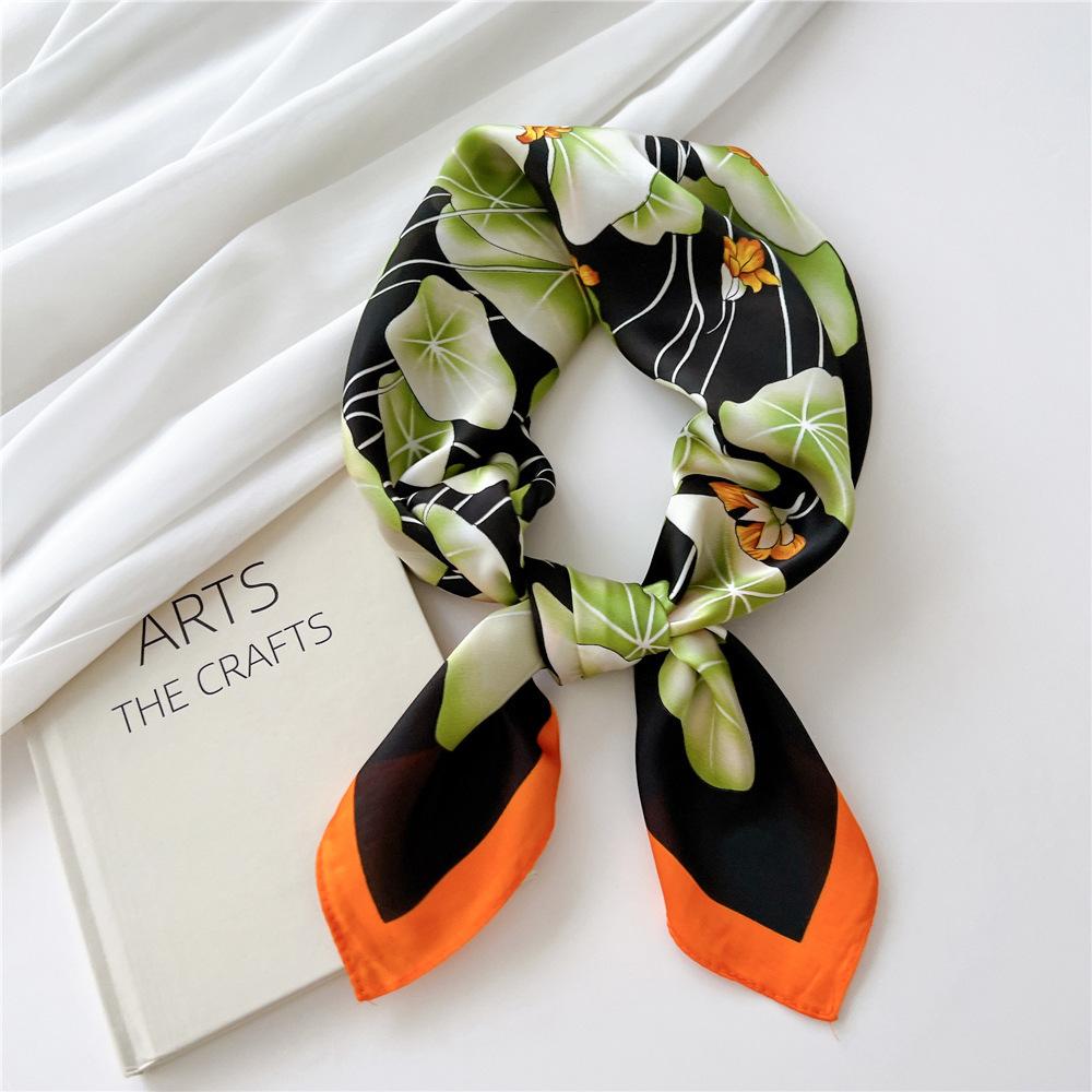 Luxury Silk Square Scarf Women Shawl Fashion French Flower Print Design Satin Hijab Wraps Neckerchief Female Hair Bands 70*70Cm