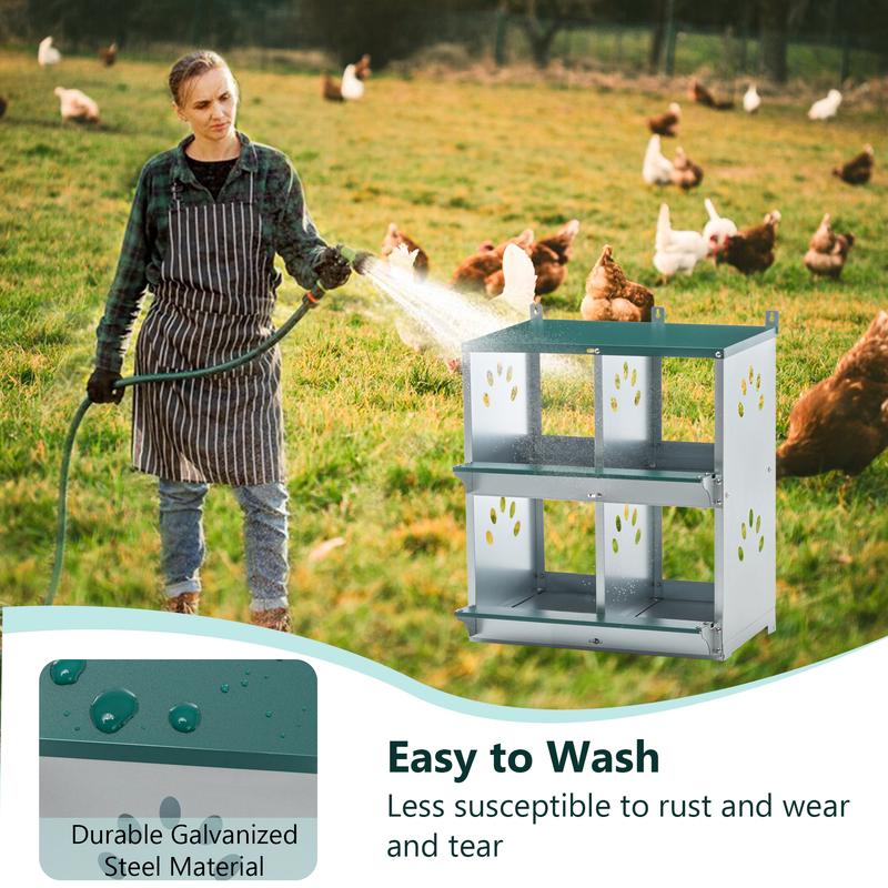 4 Compartment Wall Mount Galvanized Metal Chicken Nesting Boxes, Heavy Duty Egg Laying Nest Box for All Breeds of Hens