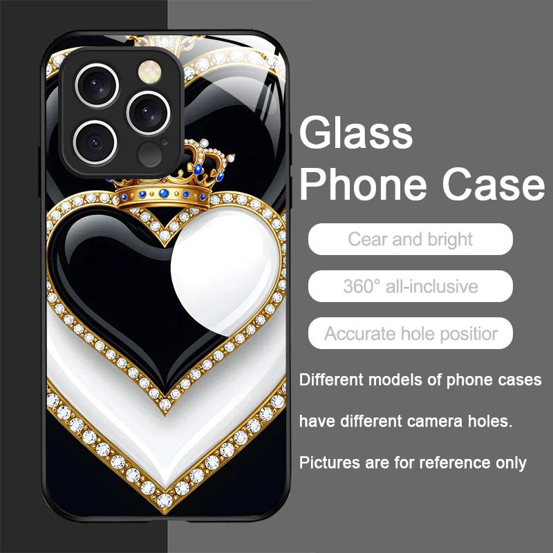 Stylish Black White Heart with Pearls Tempered Glass Phone Case for IPhone 17 16 Pro Max 15 14 13 12 Mini 11 X XS 7 8 Plus Cover