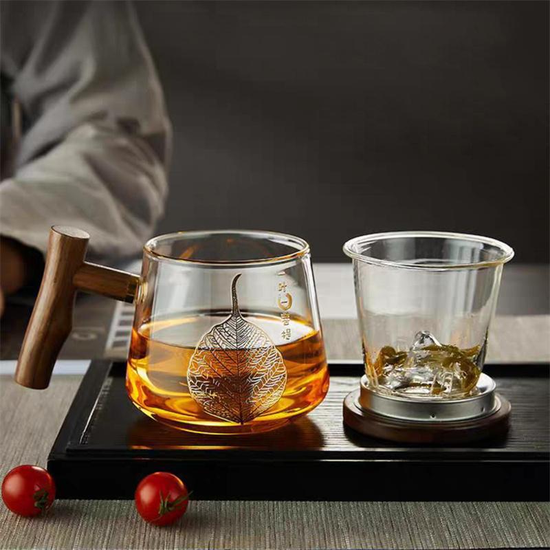 Szklany kubek do herbaty Zen Liść Bodhi 400 ml, złocony, z zaparzaczem i drewnianą rączką pokrywki, kubek do herbaty kwiatowej do biura, do oddzielania herbaty