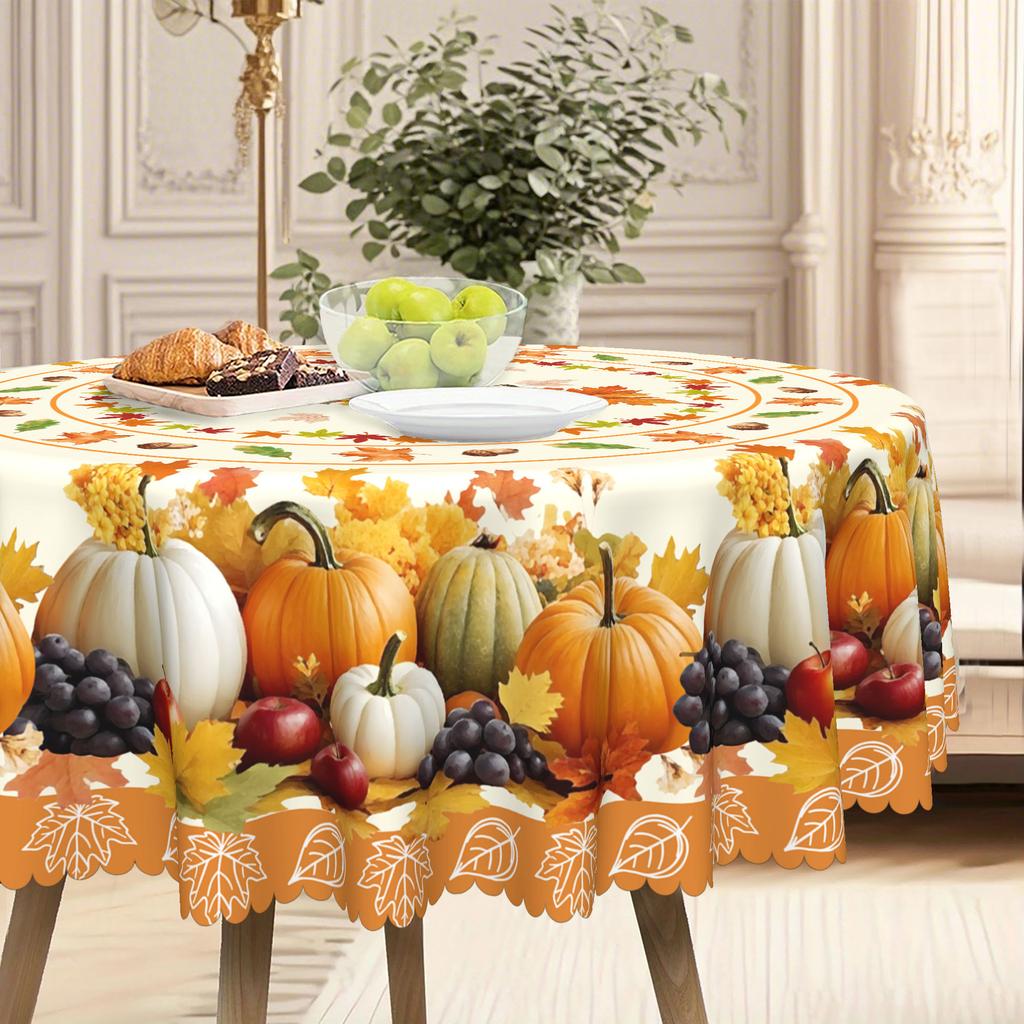 Waterproof And Oil-Proof Dining Table Cloth, Autumn Harvest-Themed Pumpkin, Grape, Maple Leaf Printed Round Rectangular Tablecloth