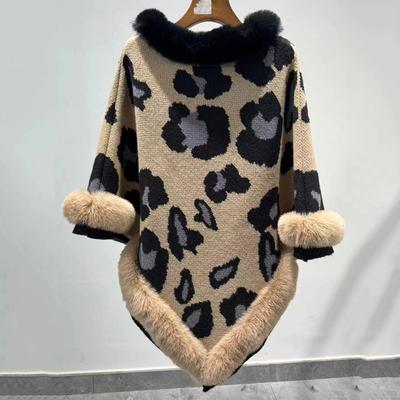 Winter Leopard Print Stylish Faux Fur Pullover Shawl Wraps for Women Soft Comfortable Warm Fashion Poncho Cape for Evening Party Office