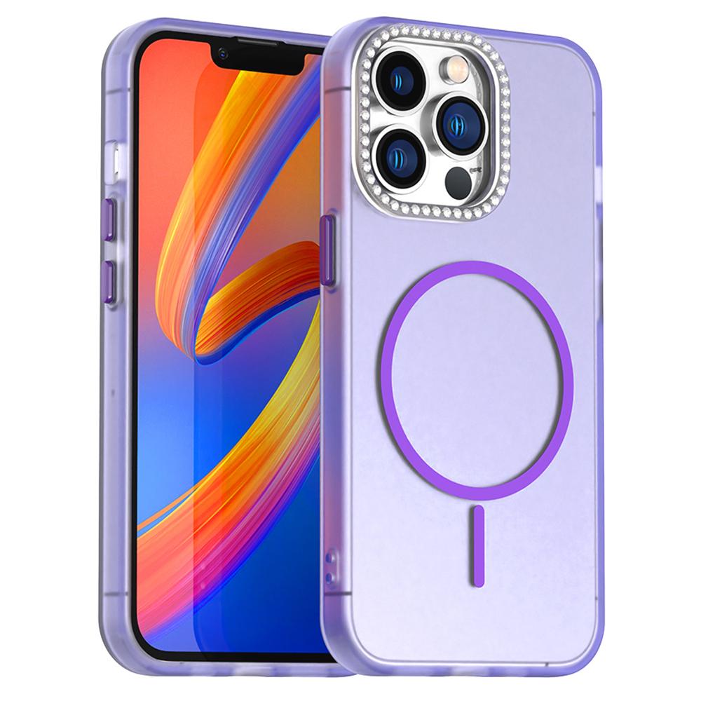 For iPhone 13 Pro Max Case Compatible with MagSafe TPU+PC+PET Phone Cover Rhinestone Decor Lens Frame