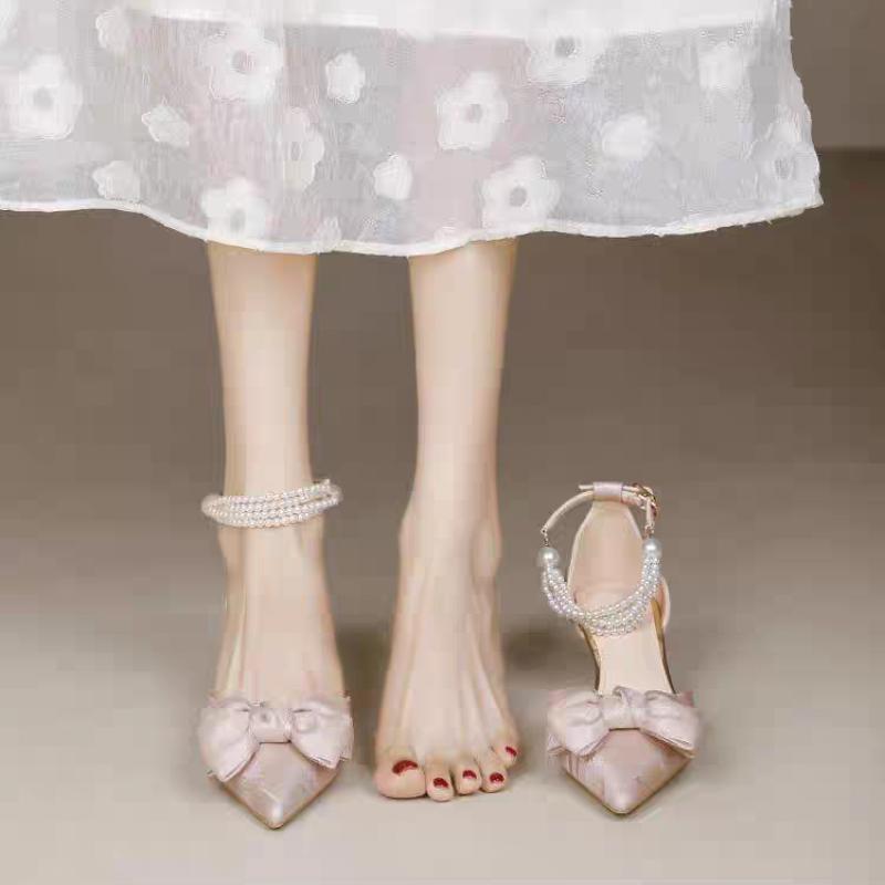 Women's Shoes 2025 Summer New High Heels Bow Silk Thin Heel Shallow Mouth Straight Buckle Strap Pointed Sandals for Women
