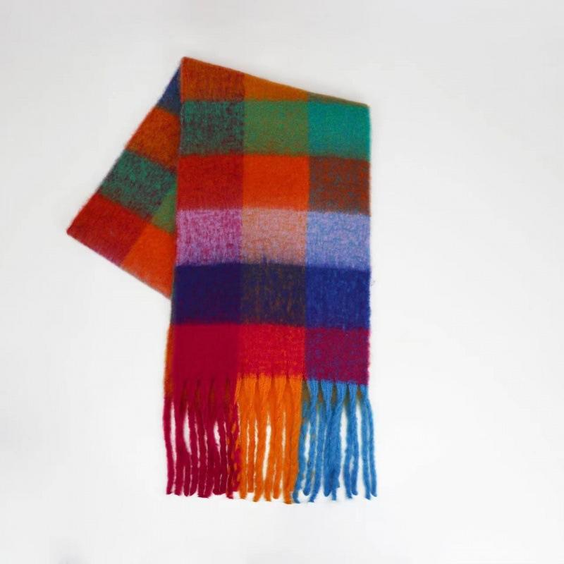Autumn and winter European and American color matching AC imitation cashmere thick fringed scarf rainbow plaid mohair warm female student plus