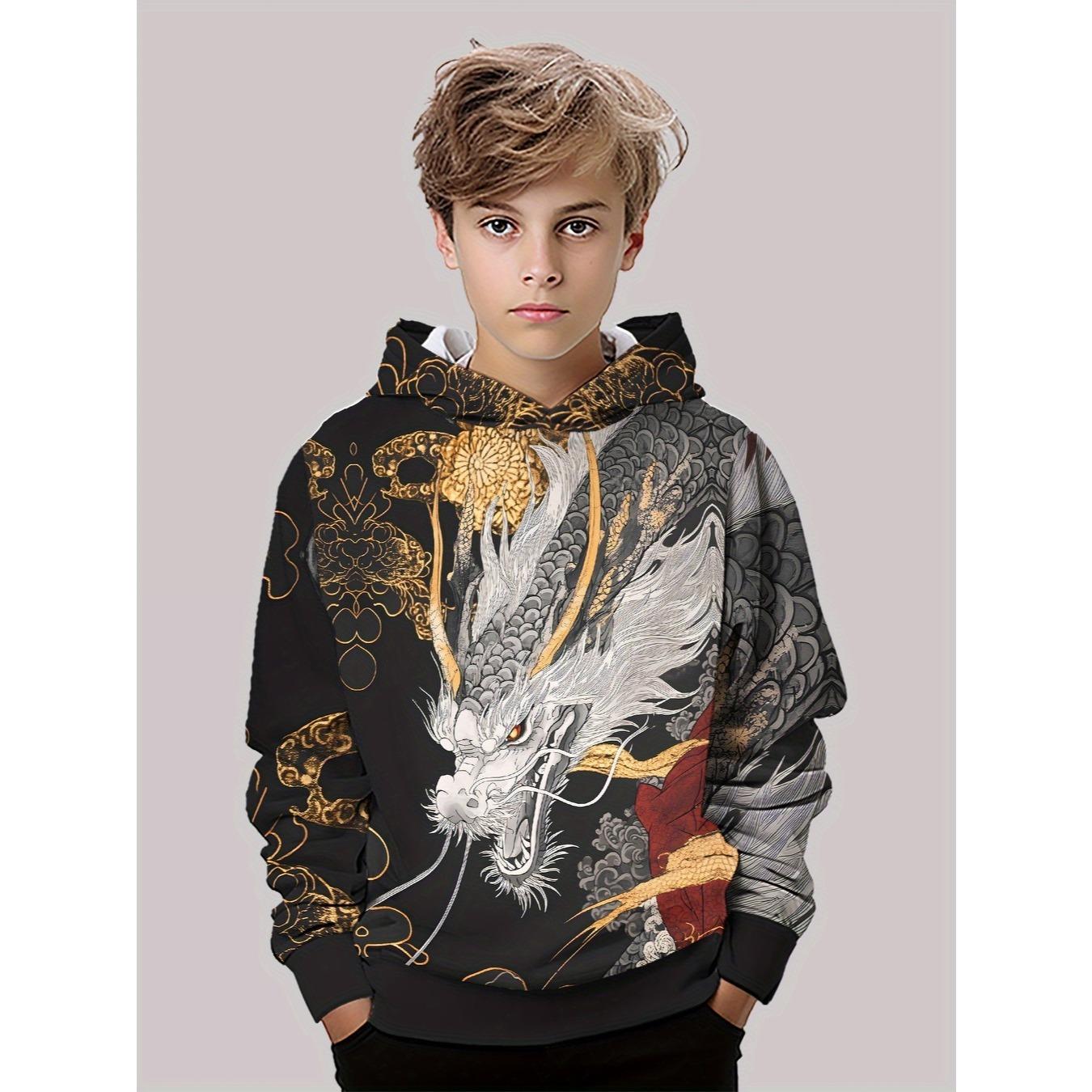 

Boy Dragon Pattern Hoodie -3D Digital Printed Warrior Style Black Gold Anime Manga Style, Casual Hoodie, Suitable for Spring and Autumn 5-6Y