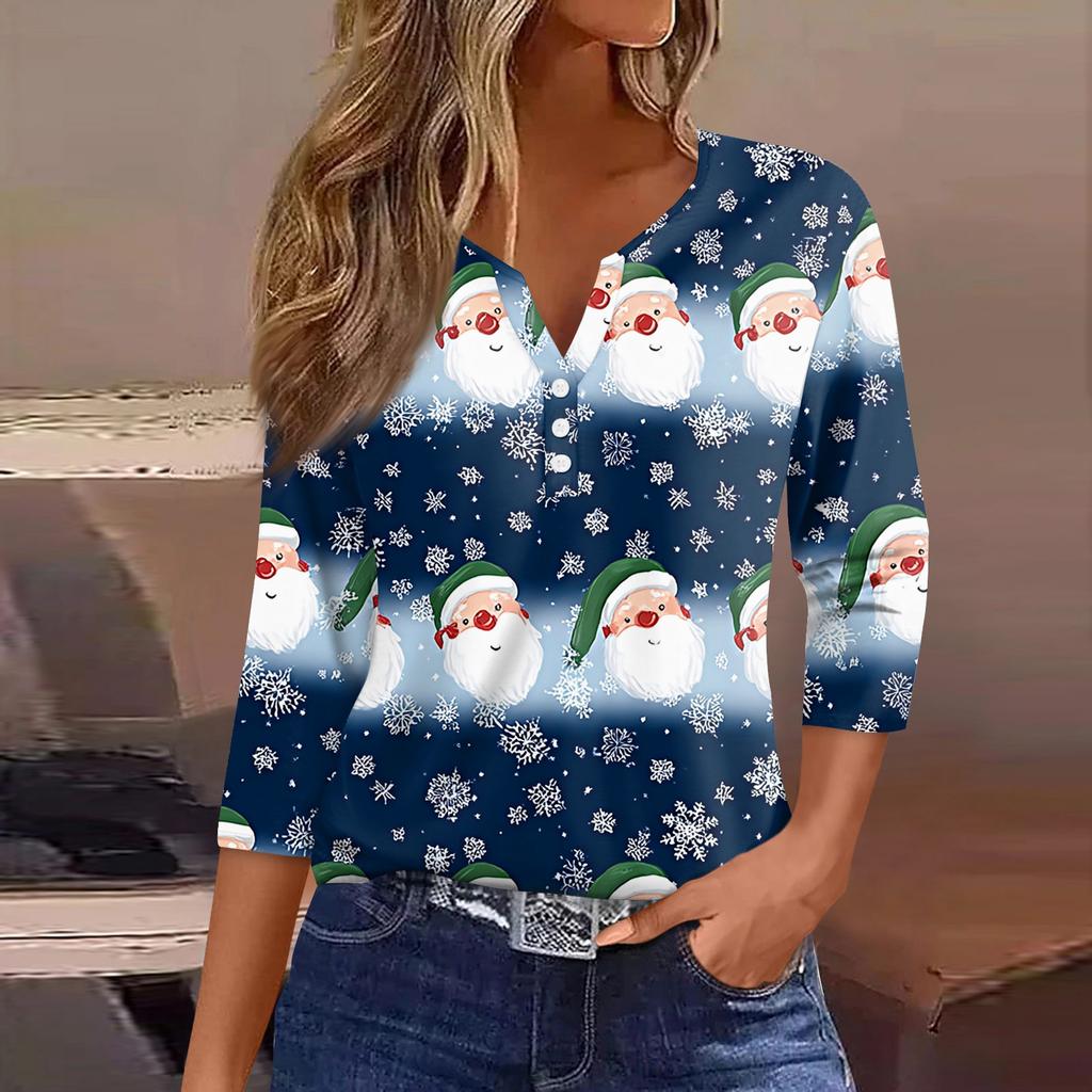 Women's T Shirt Tee Christmas Printed Button 3/4 Sleeve Tunic Daily Weekend Fashion Basic V- Neck Regular Top