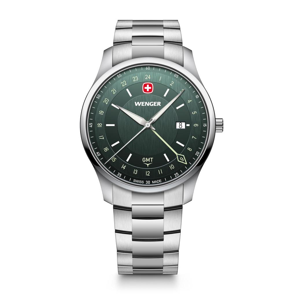Wenger CITY GMT Men's Watch Stainless Steel Case Green Dial Stainless Steel Bracelet Quartz 50m Water Resistant 01.1442.107