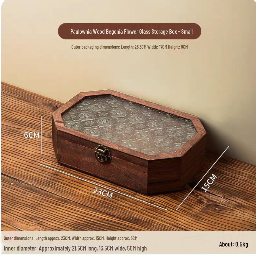 Crabapple Flower Glass Retro Wooden Storage Box for Desktop Sundries and Dressing Table Decor
