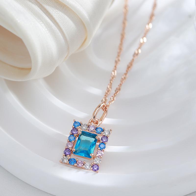 Kienl Fashion  Rose Gold Color Square Pendant Necklace For Women Blue Natural Zircon Accessories High Quality Daily Jewelry