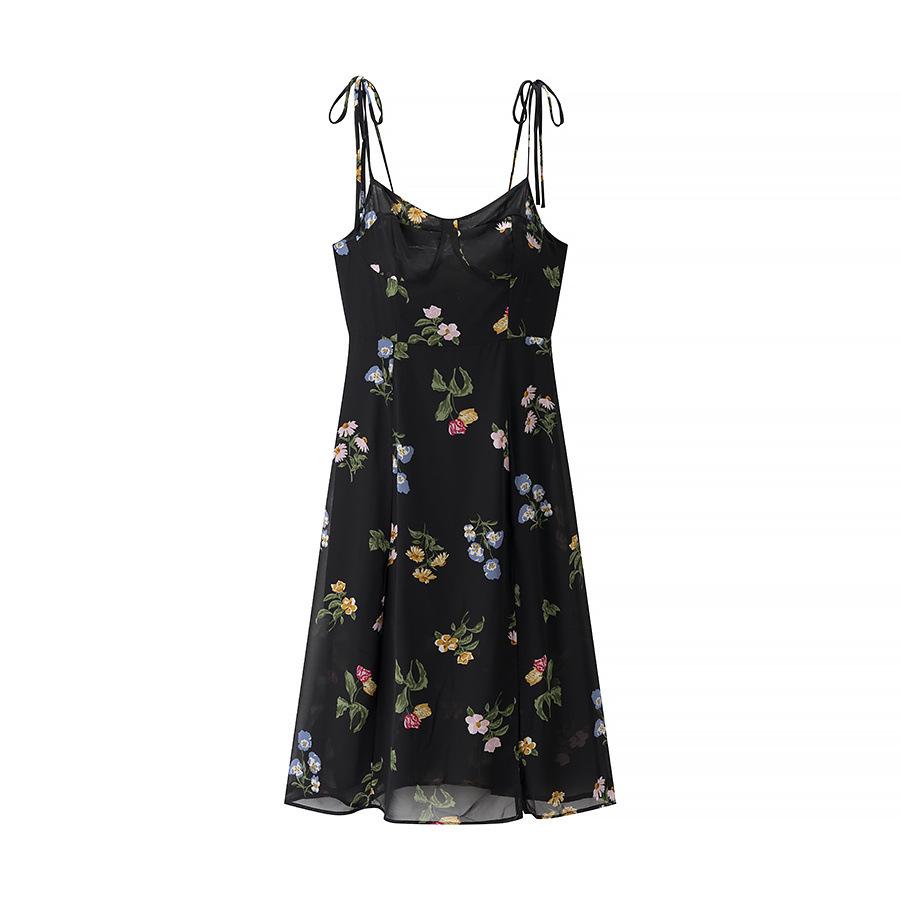 

Spring Floral Print Spaghetti Strap Dress with Loose Fit & Big Swing Skirt S
