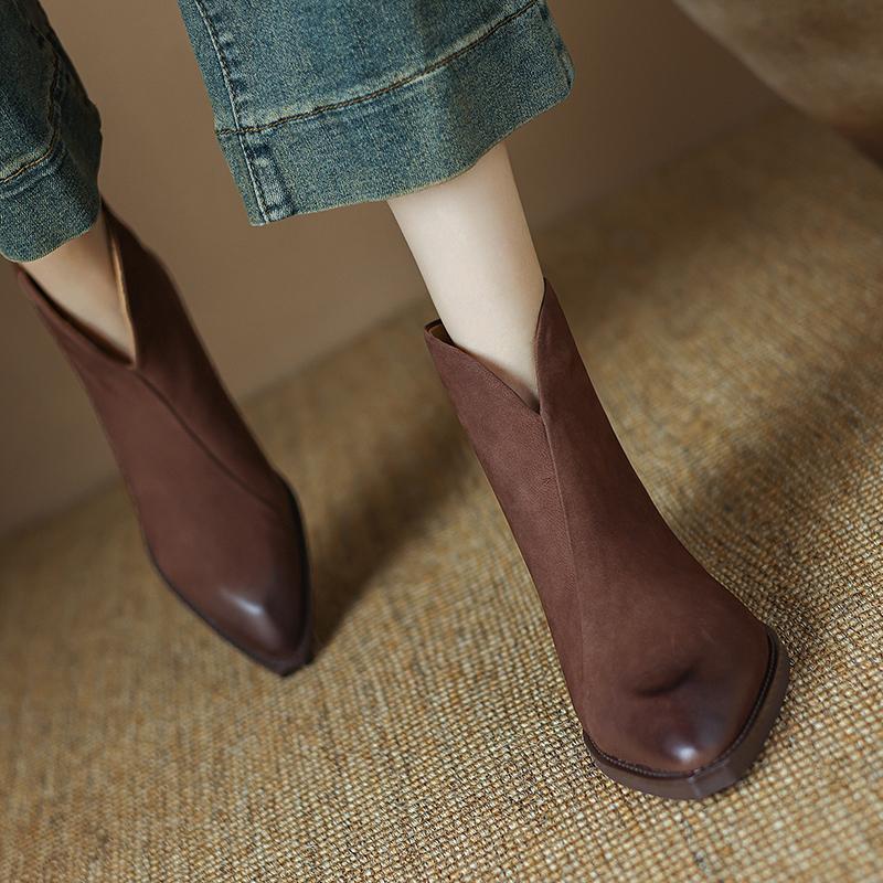 Fashion NEW Autumn/Winter Women Boots Pointed Toe Chunky Heel Shoes Genuine Leather Shoes for Women Casual Zip Ankle Boots Western Boots