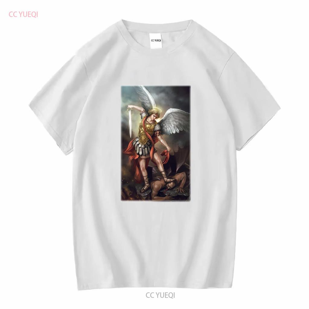 Catholic Natural T Shirt Saint Michael Archangel V11 Vintage Sizes S 5XL Vintage Washed Homme Fashion Soft Breathable