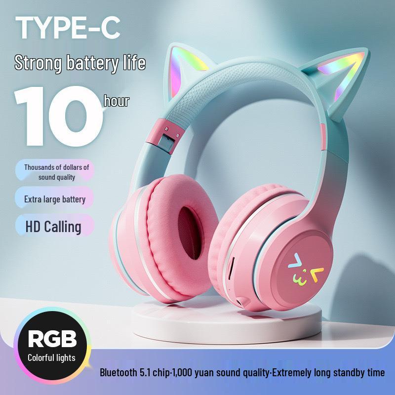Gradient Cat Ear Bluetooth Over-Ear Headphones: High-Value, Wireless Stereo, Perfect for Gaming & E-Sports