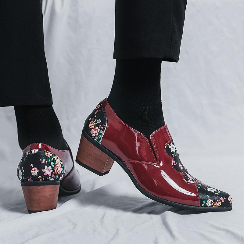 Men's White Flower Printed Dance Shoes Leather High Heels Wedding Dress Shoes Tuxedo Prom Blazers Red Dress Shoes Plus Size