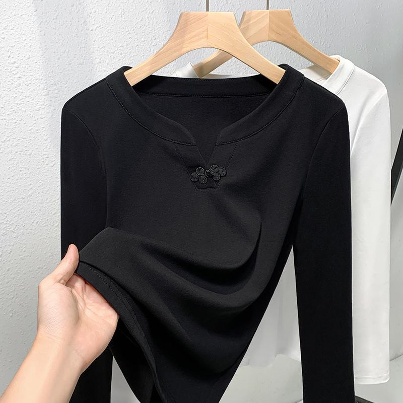 

Черный новый китайский стиль складной V-образный вырез топ для женщин осень новый китайский стиль длинный рукав хлопковая футболка для женщин нижнее белье 3XL чёрный