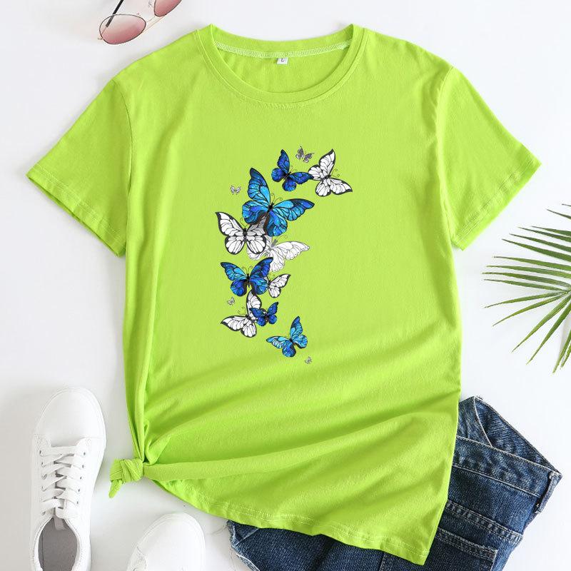 Summer Round Neck Fluttering Butterfly Pattern Printed Top Fashionable Casual Short Sleeved Women's Pure Cotton T-shirts