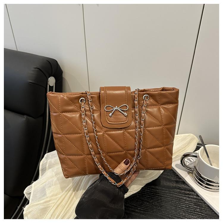 Soft rhombus chain large capacity new trendy fashion casual bow shoulder tote bag large