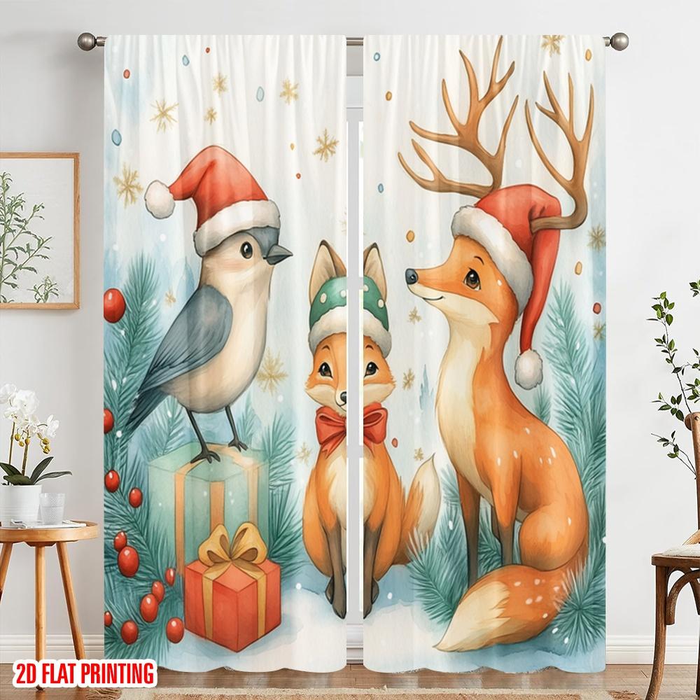 2pcs,2D plane printing Popular Curtain Panels Cute Festive Christmas Animals (3) Versatile 100% Polyester (without rod) Gifts