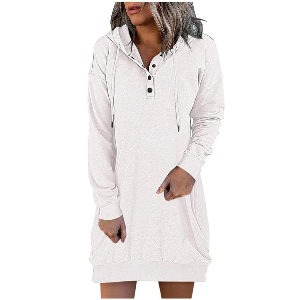Damen Kleider Langarm Kordelzug Pullover Top Kleid Casual Hoodie Pullover Kleid Kleider