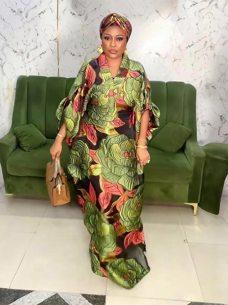 Afrikanisches Übergrößen Damen Ethno-Print Langes Roben- & Kopftuch-Set