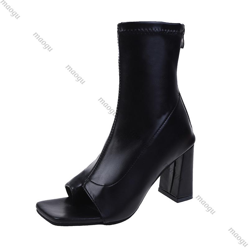 High Heels Ankle Boots for Women Spring Autumn Shoes Woman Square Toe Soft Leather Cool Boot Black Flip-flops Thick Heel Sandals